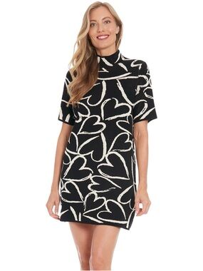 Black and Cream Heart-Print Short Sleeve Dress